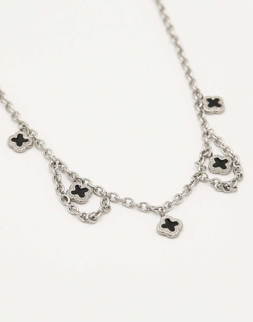 Schakelketting klavers zwart zilverkleurig
