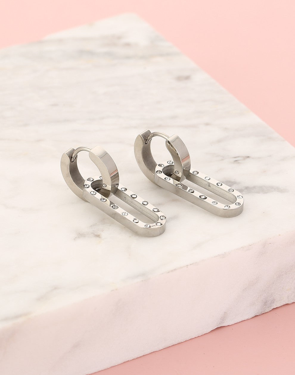 Chunky oorringen ovale schakel strass zilverkleurig