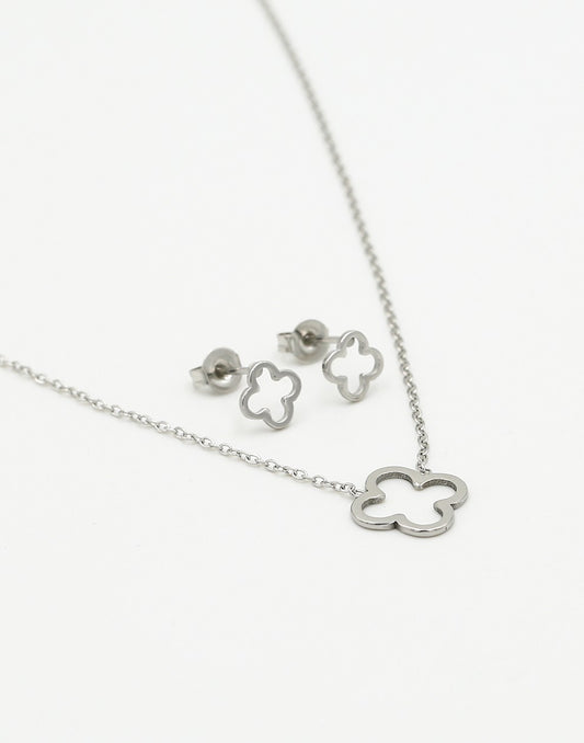 Open klaver sieraden set zilverkleurig