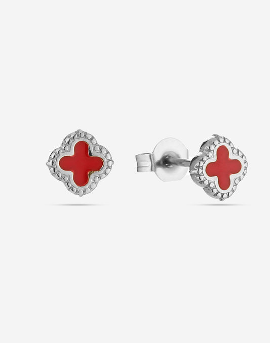 Studs klavers rood zilverkleurig