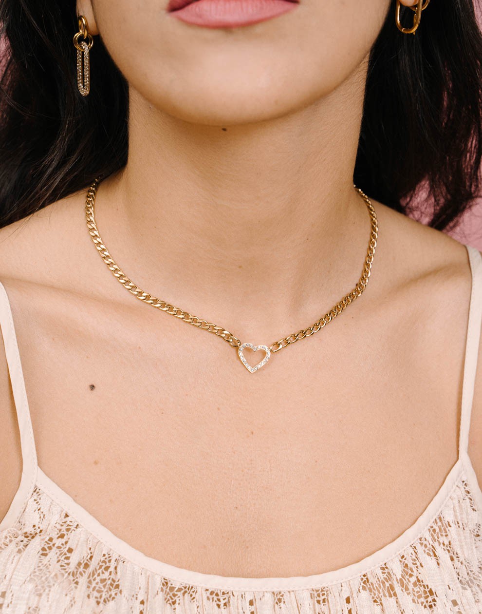 schakelketting hartje strass goudkleurig