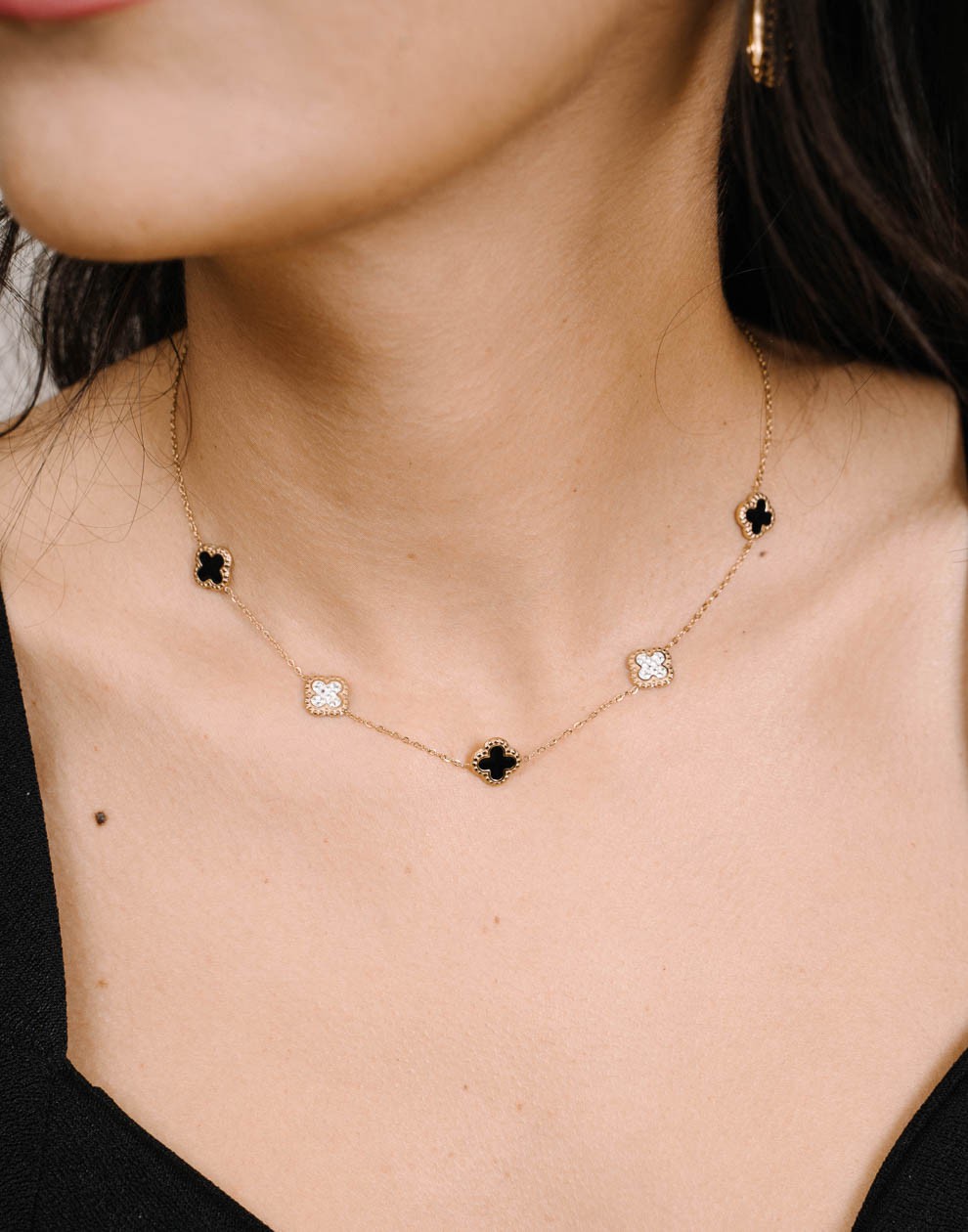 Ketting klavers zwart met strass