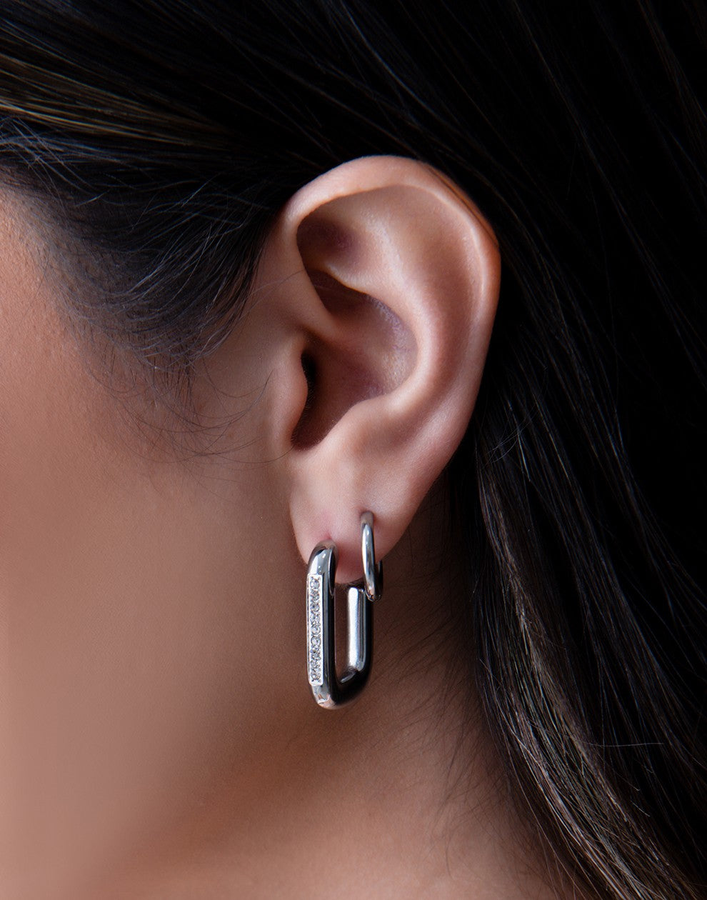 Oval rectangle earrings rhinestone silver-colored