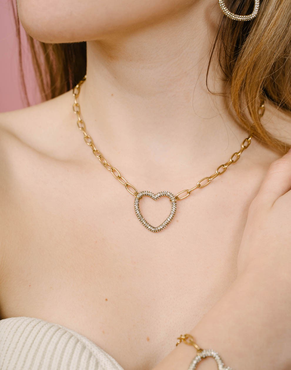 Schakelketting met strass hart goudkleurig