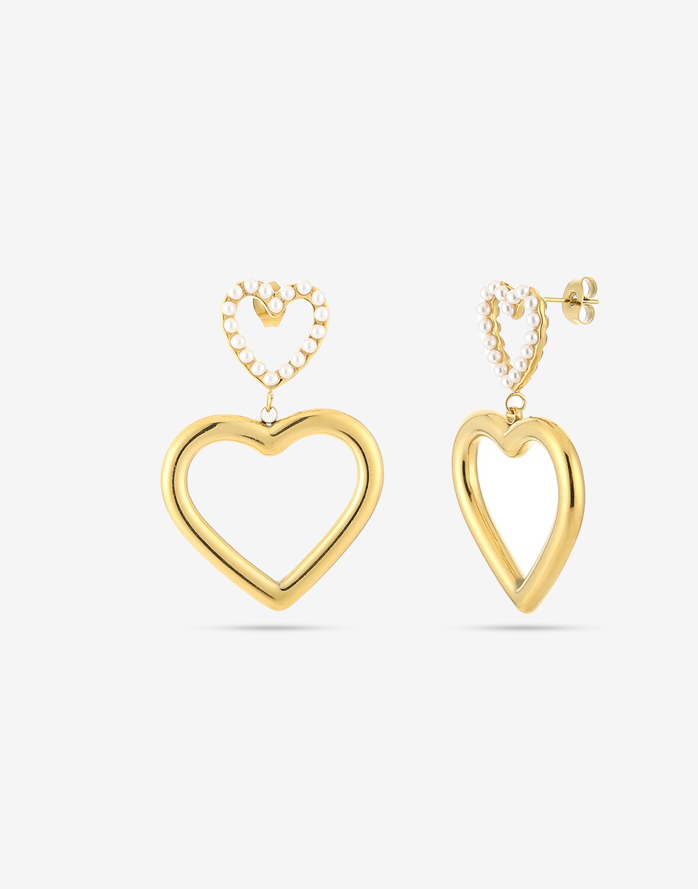 earrings double hearts with gold-colored pearls