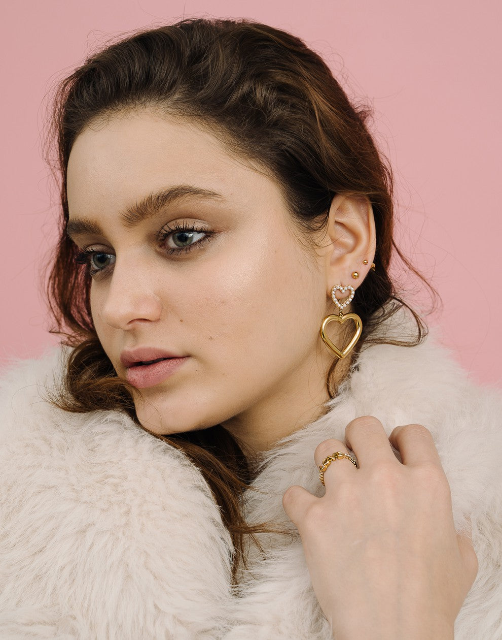earrings double hearts with gold-colored pearls