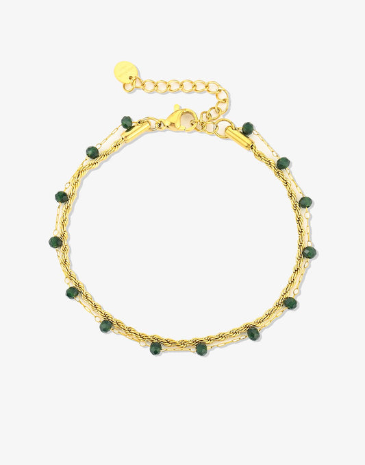 Dubbele armband groen kraal goudkleurig