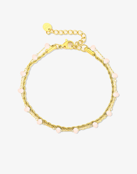 Dubbele armband roze kraal goudkleurig