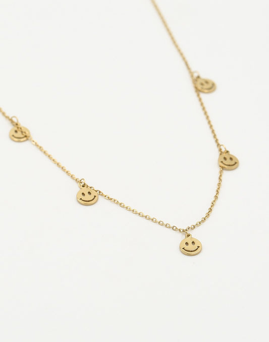 Fijne ketting met 5 smiley hangers goudkleurig
