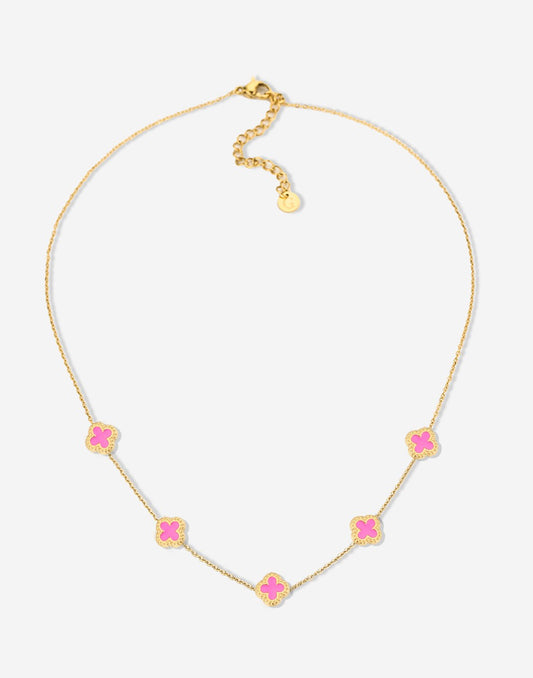 Ketting klavers fuchia goudkleurig