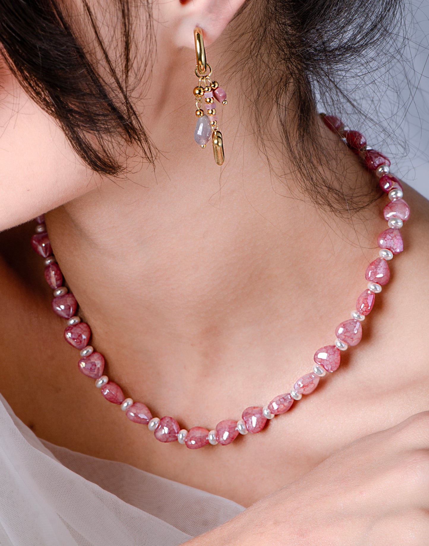 Hartjes kralenketting steen roze
