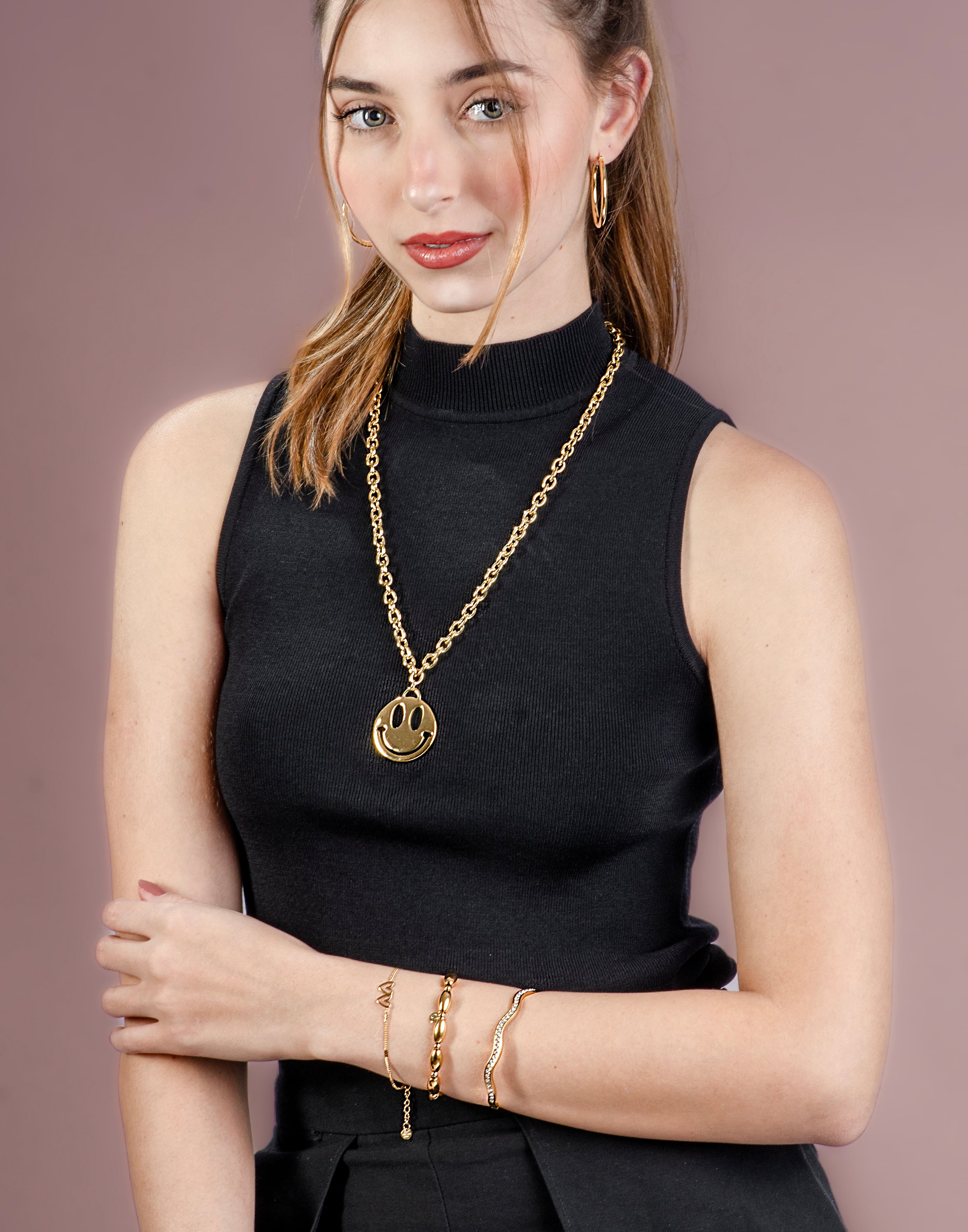 lange chunky chain met smiley goudkleurig