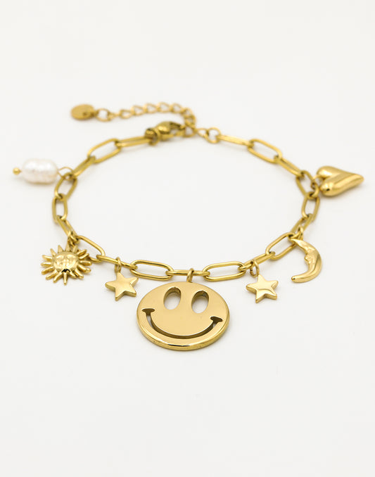 Bedelarmband smiley stars goudkleurig