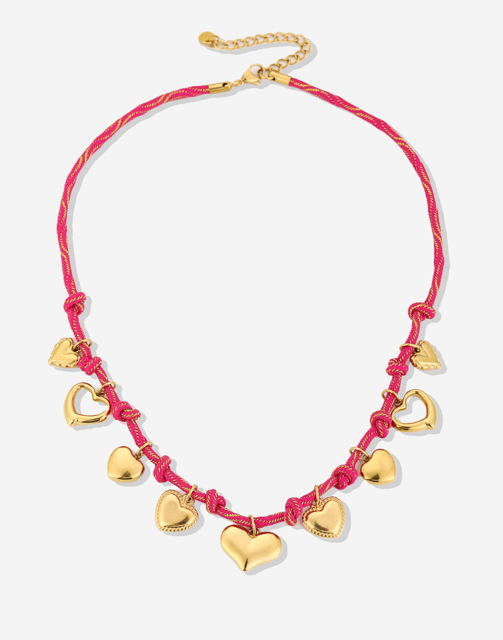 Bedelketting fuchia touw met hartjes goudkleurig