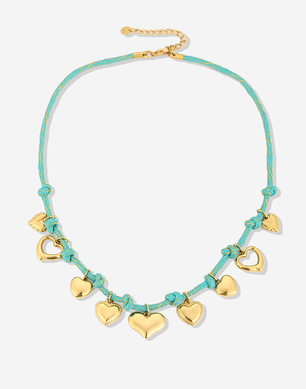 Bedelketting touw turquoise met hartjes goudkleurig