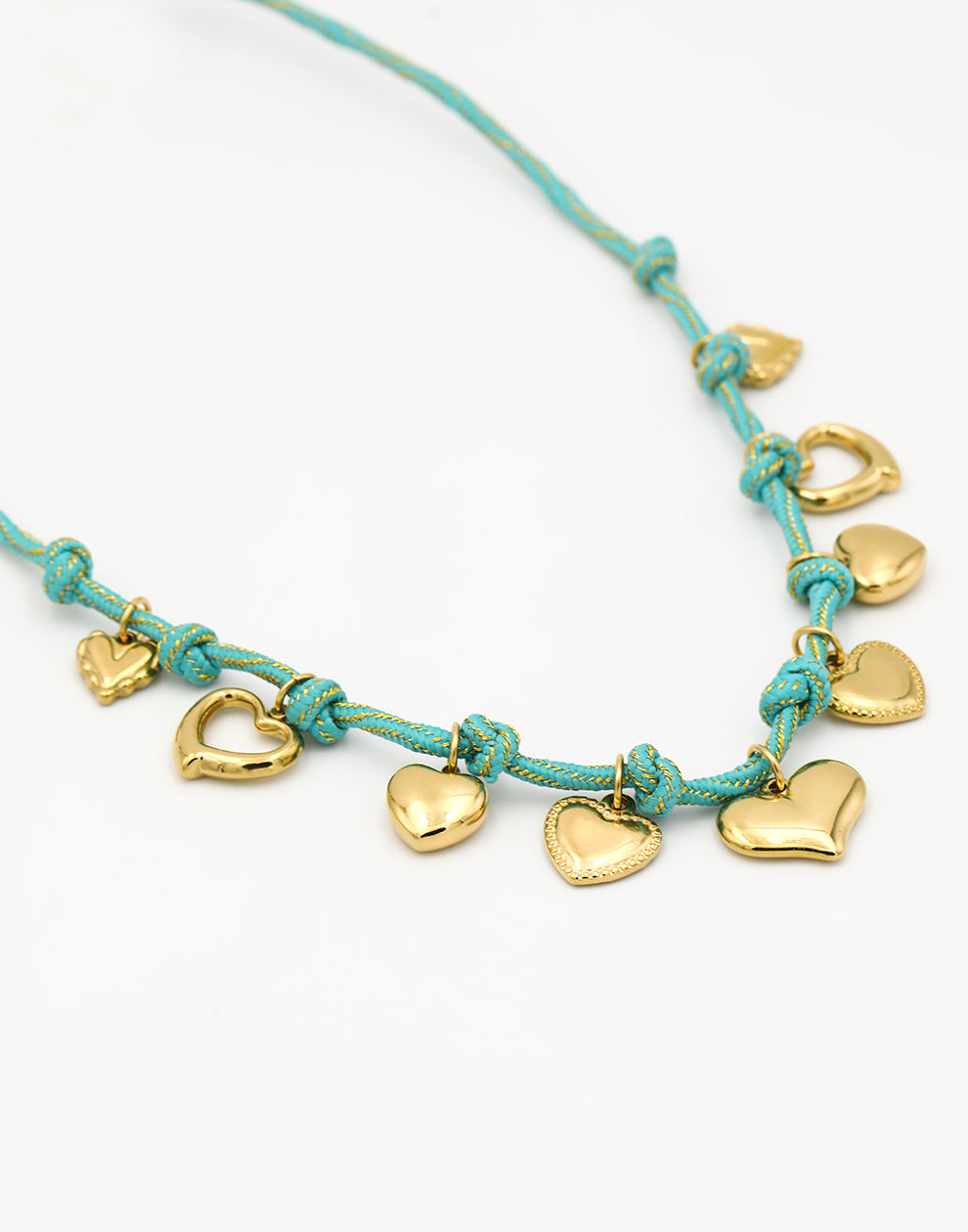 Bedelketting touw turquoise met hartjes goudkleurig