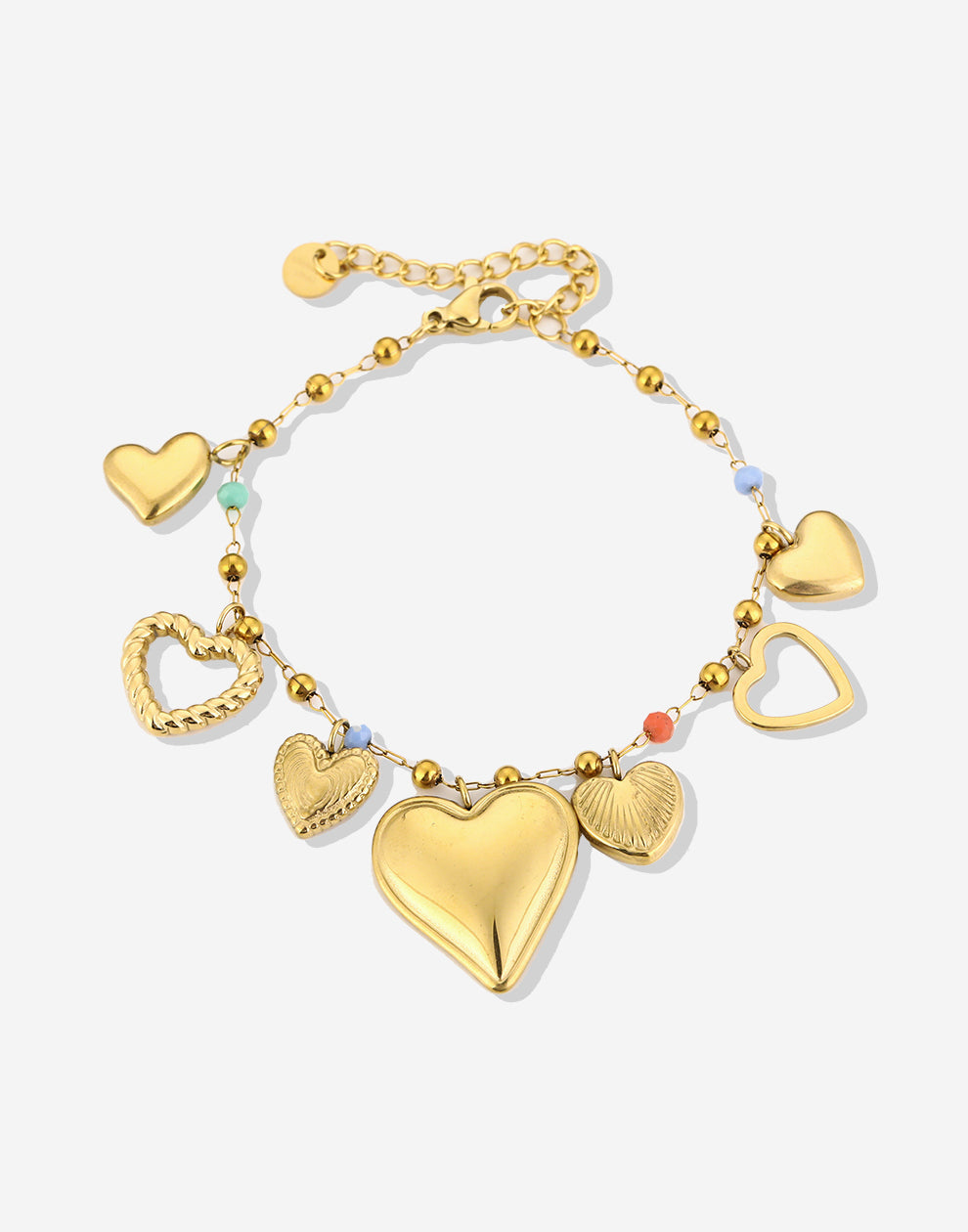 bedelarmband kleurrijke kralen met hartjes goudkleurig