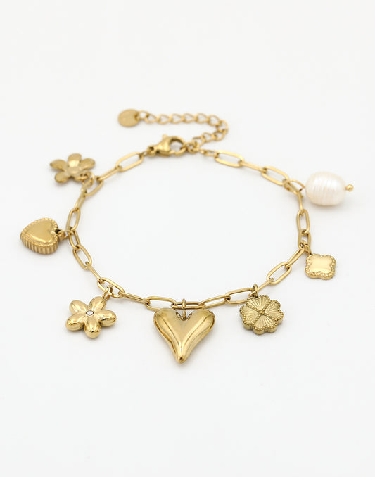 Bedelarmband bloemen en hartjes