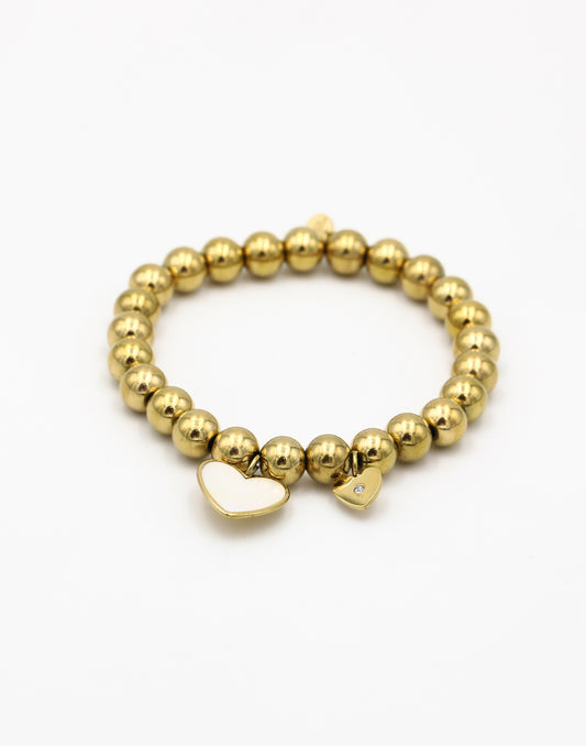Stretch armband gouden bolletjes met hartjes goudkleurig