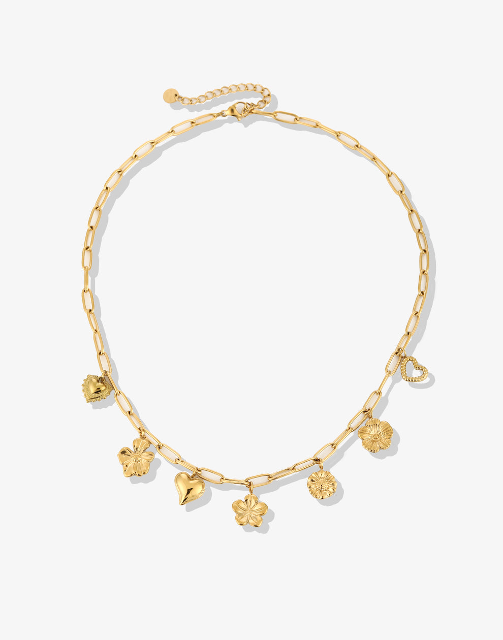 Schakelketting met bedels bloemen en harten goudkleurig