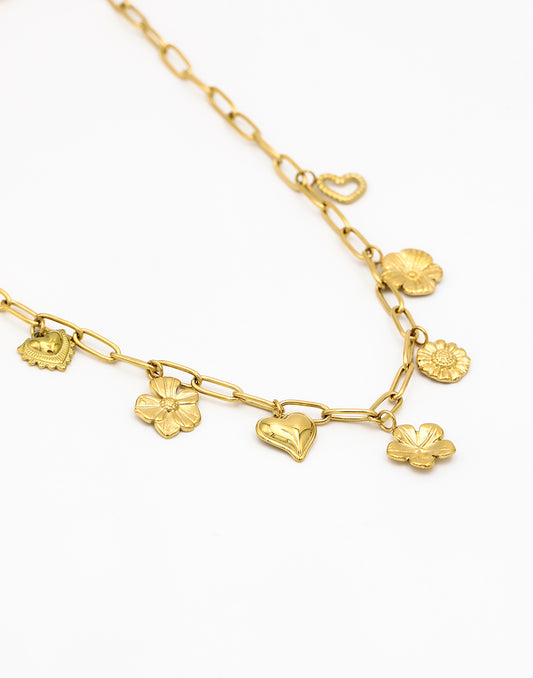Schakelketting met bedels bloemen en harten goudkleurig