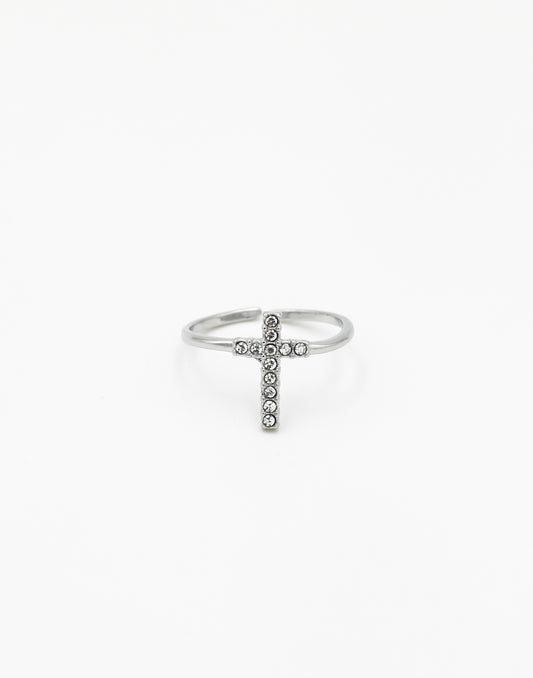 Ring met kruis strass zilverkleurig