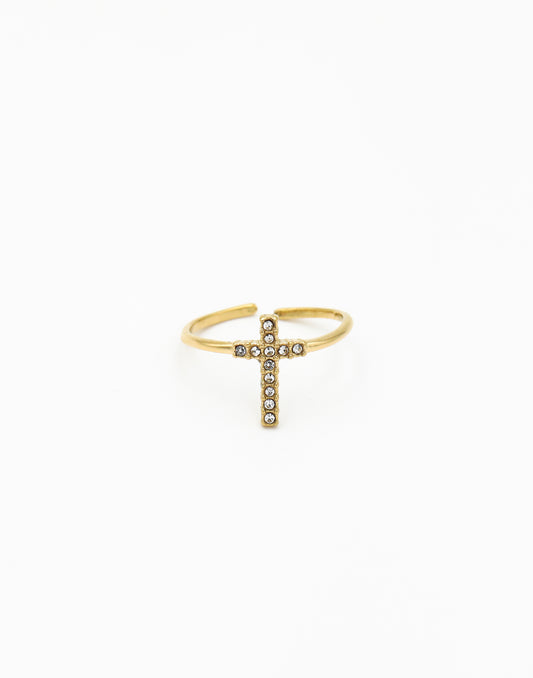 Ring met kruis strass goudkleurig