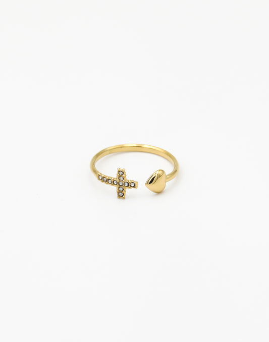 Ring hartje en kruis goudkleurig