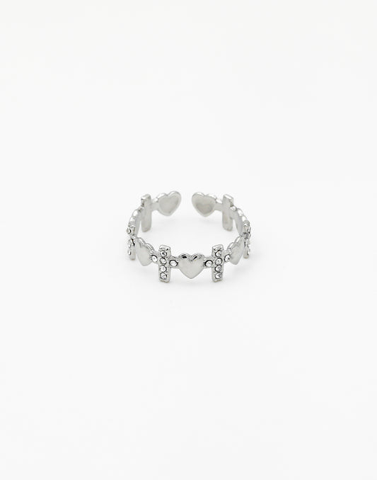 Ring bling-kruisjes en hartjes zilverkleurig