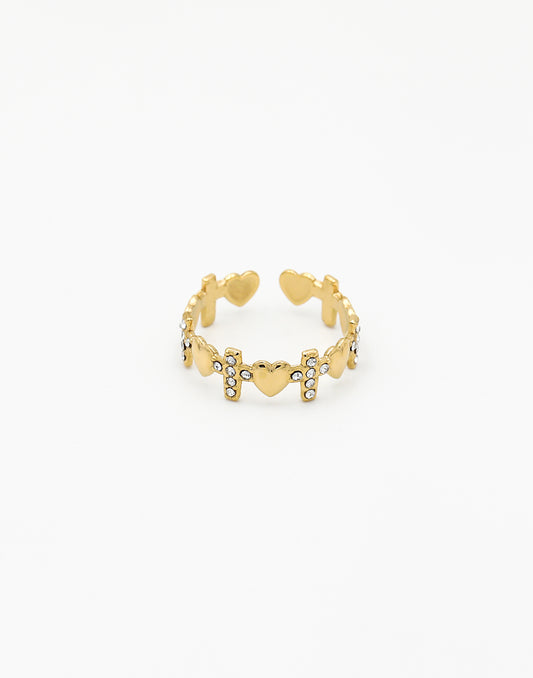 Ring bling-kruisjes en hartjes goudkleurig