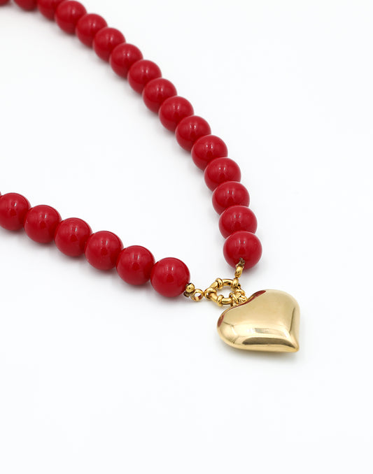 Kralenketting met hart rood