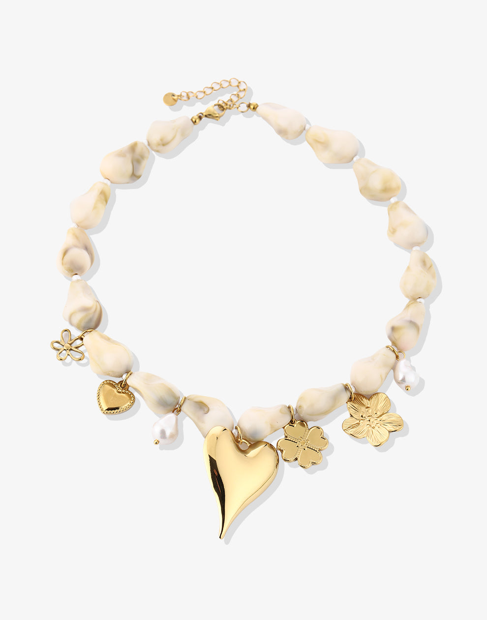 Asymmetrische Perlenkette mit Blumenmotiv, beige