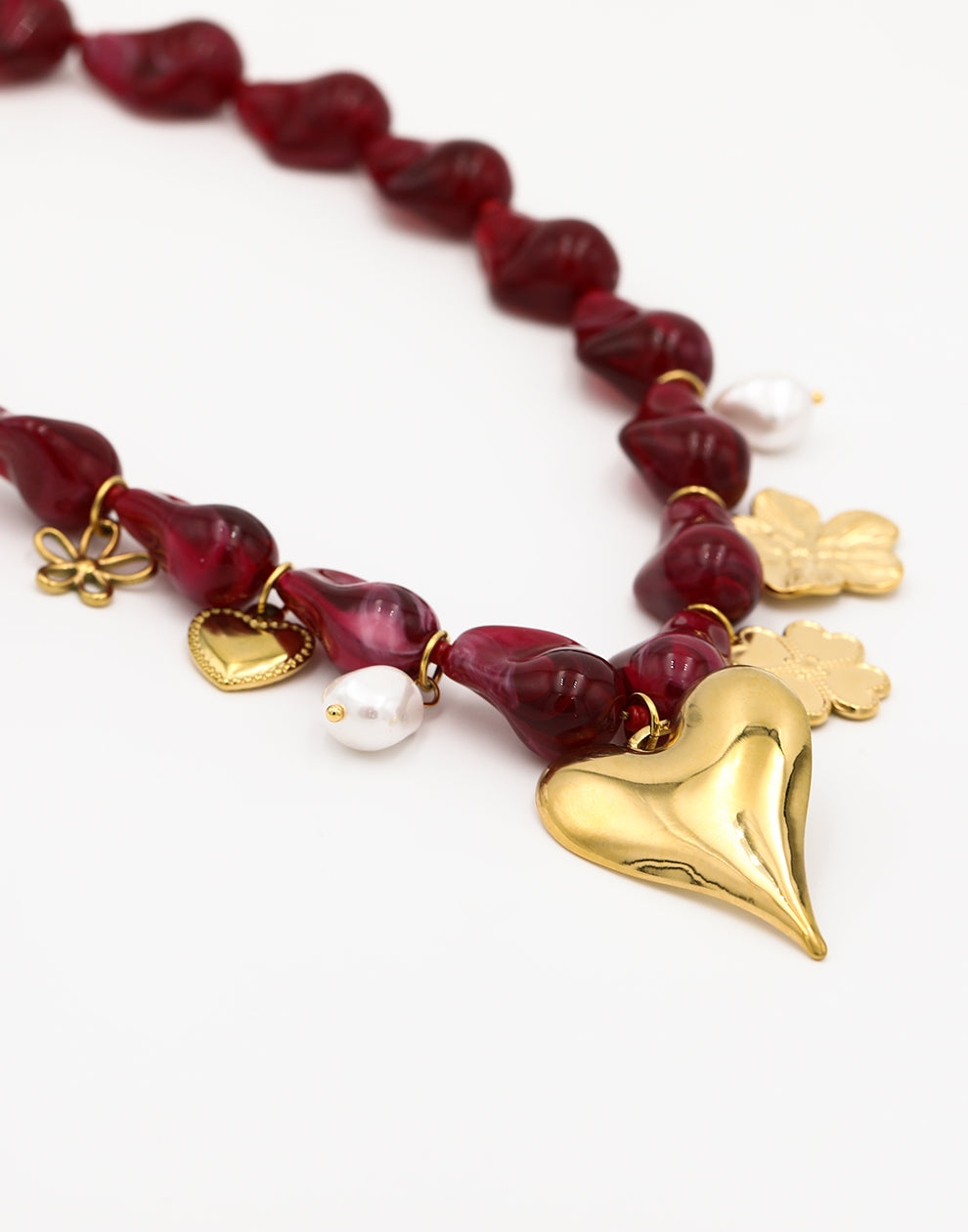 Asymmetrische kralenketting flower love bordeaux
