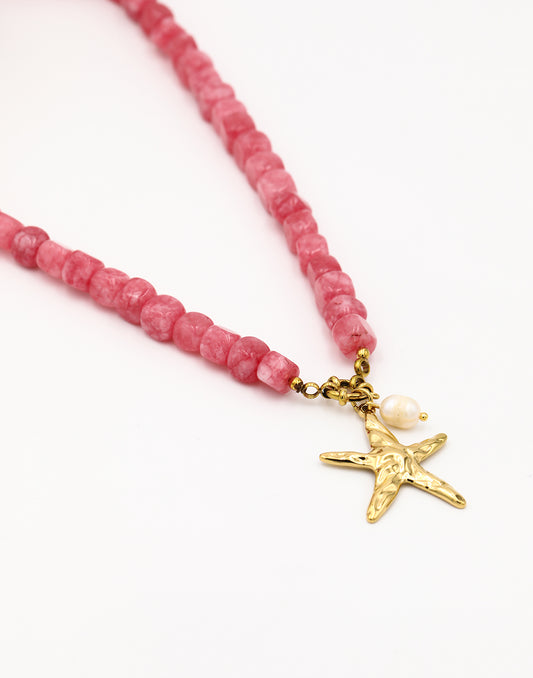 Kralenketting vierkant zeester parel roze