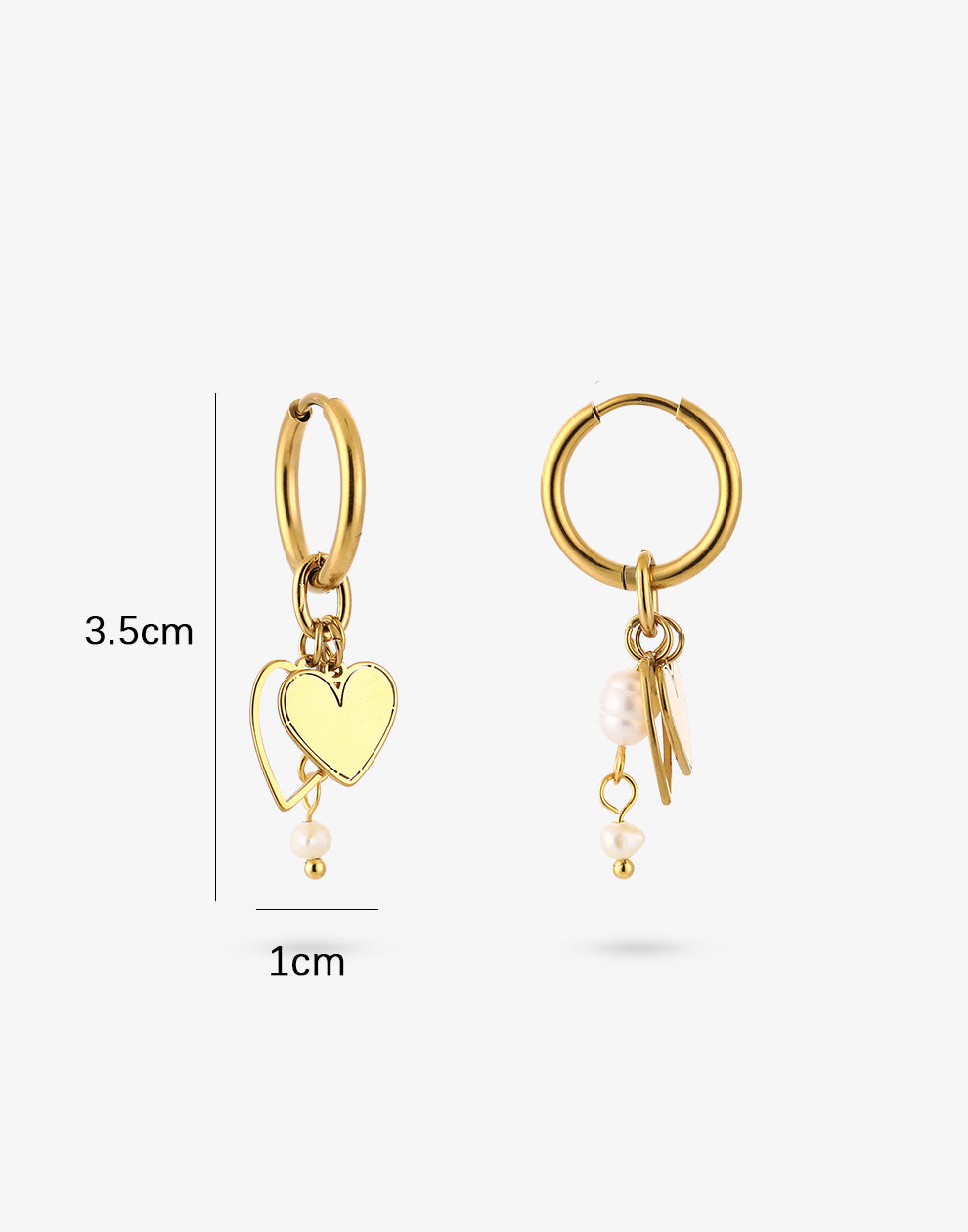 Oorringen dubbel hartjes parel goudkleurig