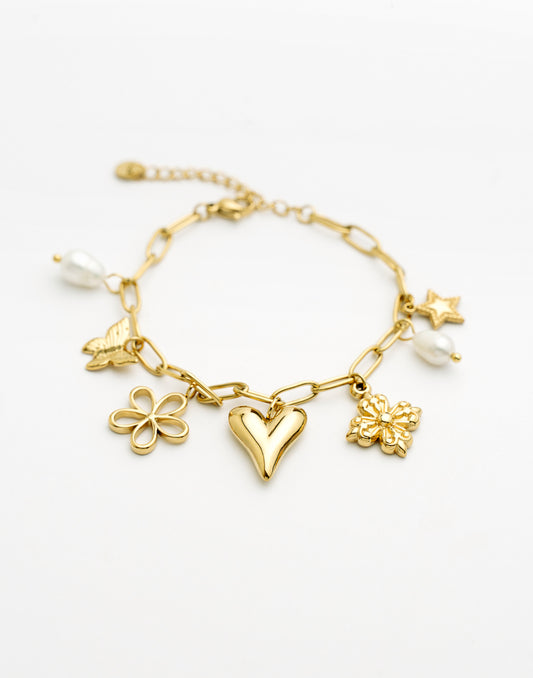 Bedelarmband bloemen vlinder goudkleurig