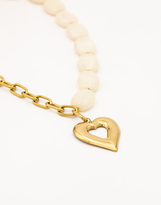 Kralenketting ovaal met schakels hart beige