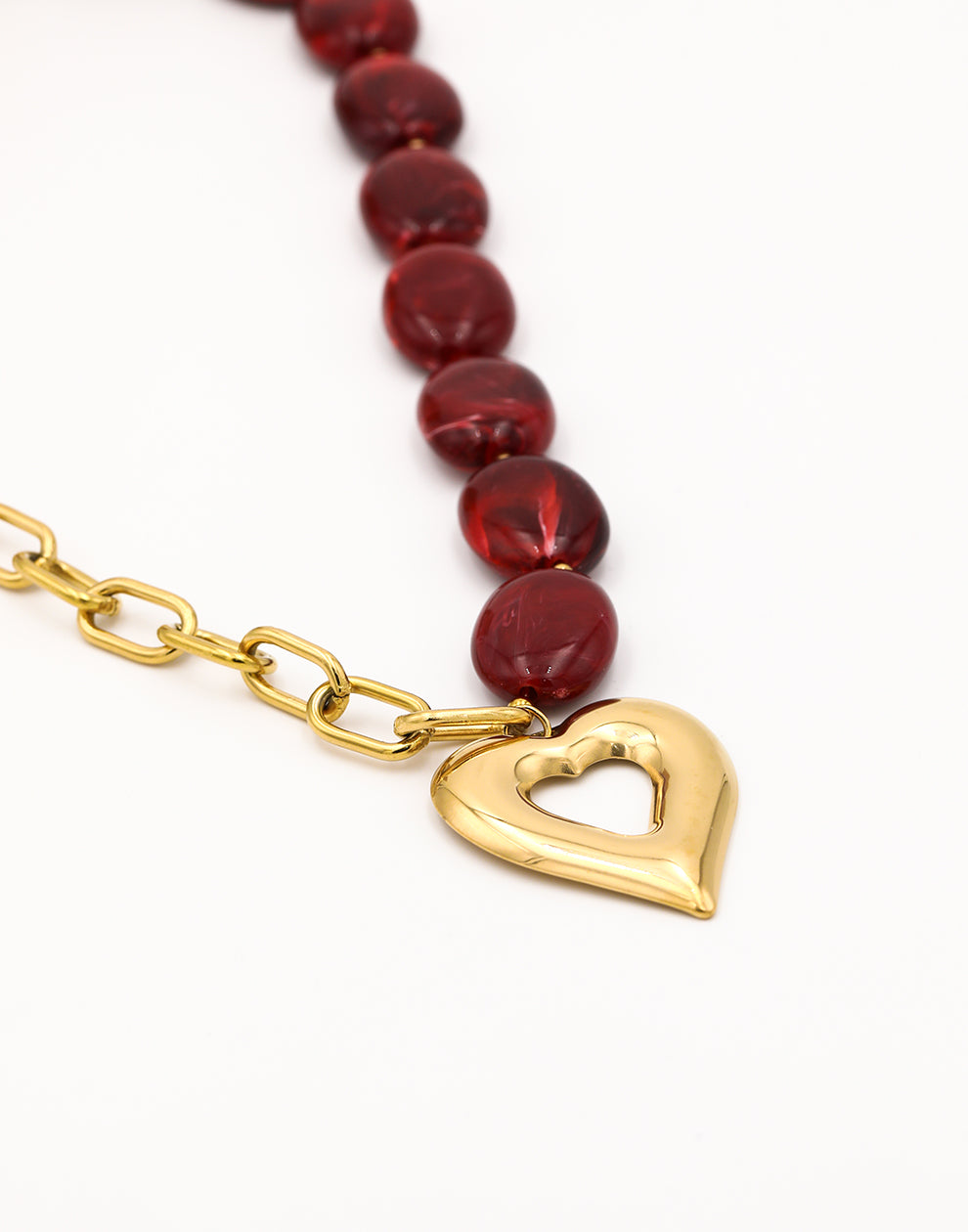 Kralenketting ovaal met schakels hart rood