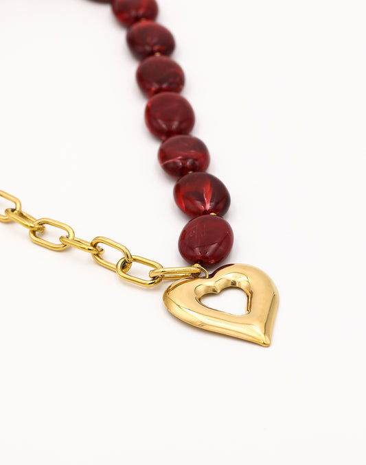 Kralenketting ovaal met schakels hart rood