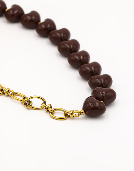 Kralenketting hartjes en schakels bruin
