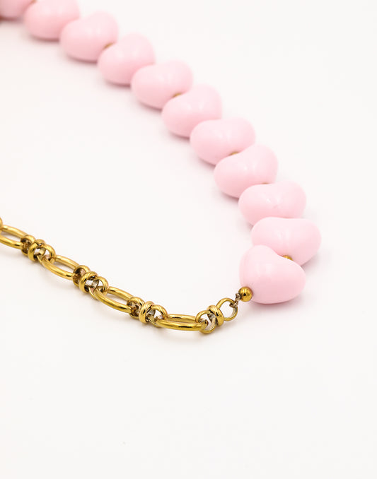 Kralenketting hartjes en schakels roze