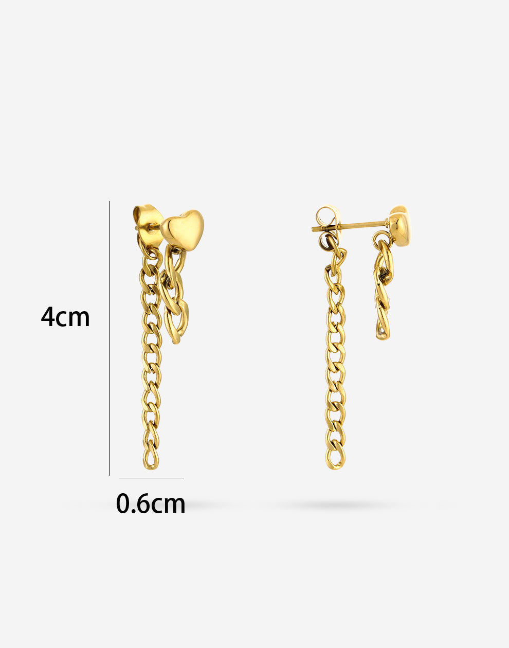 Hartjes oorsteker met chain goudkleurig