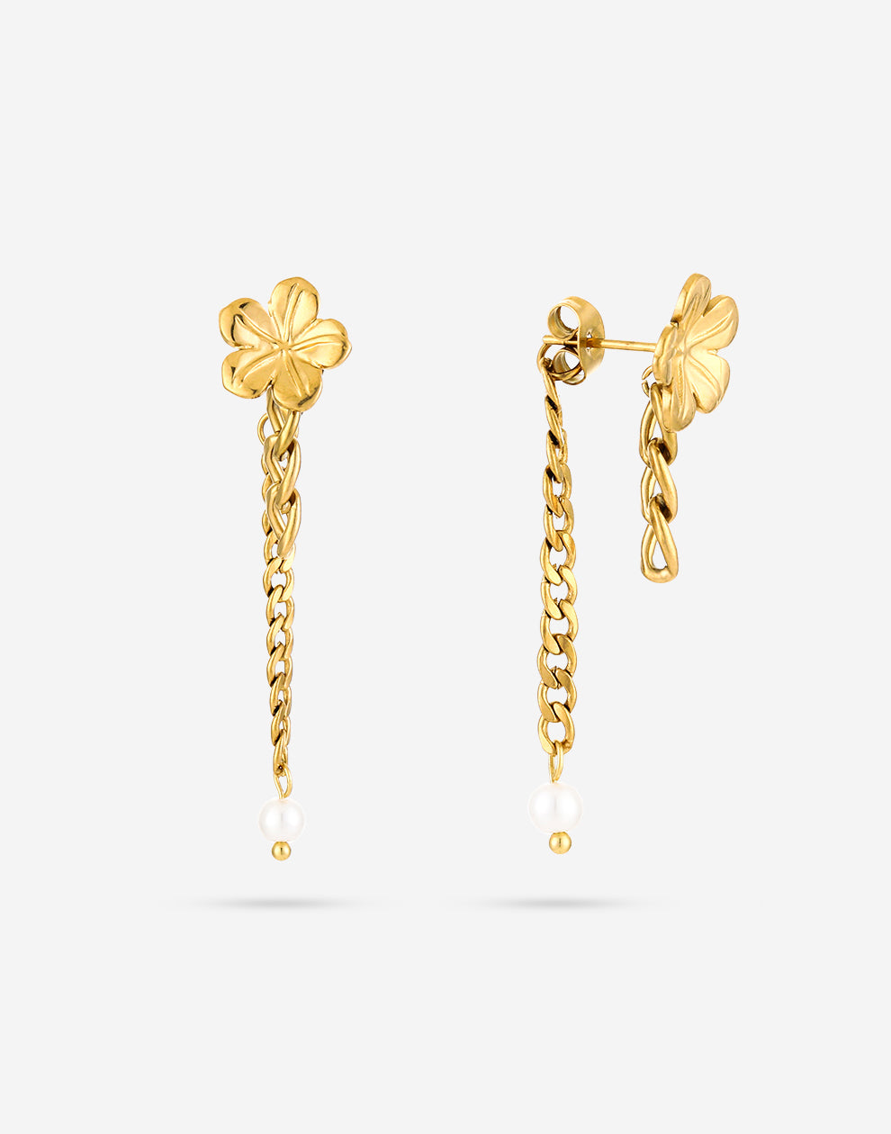Bloem oorsteker met chain goudkleurig