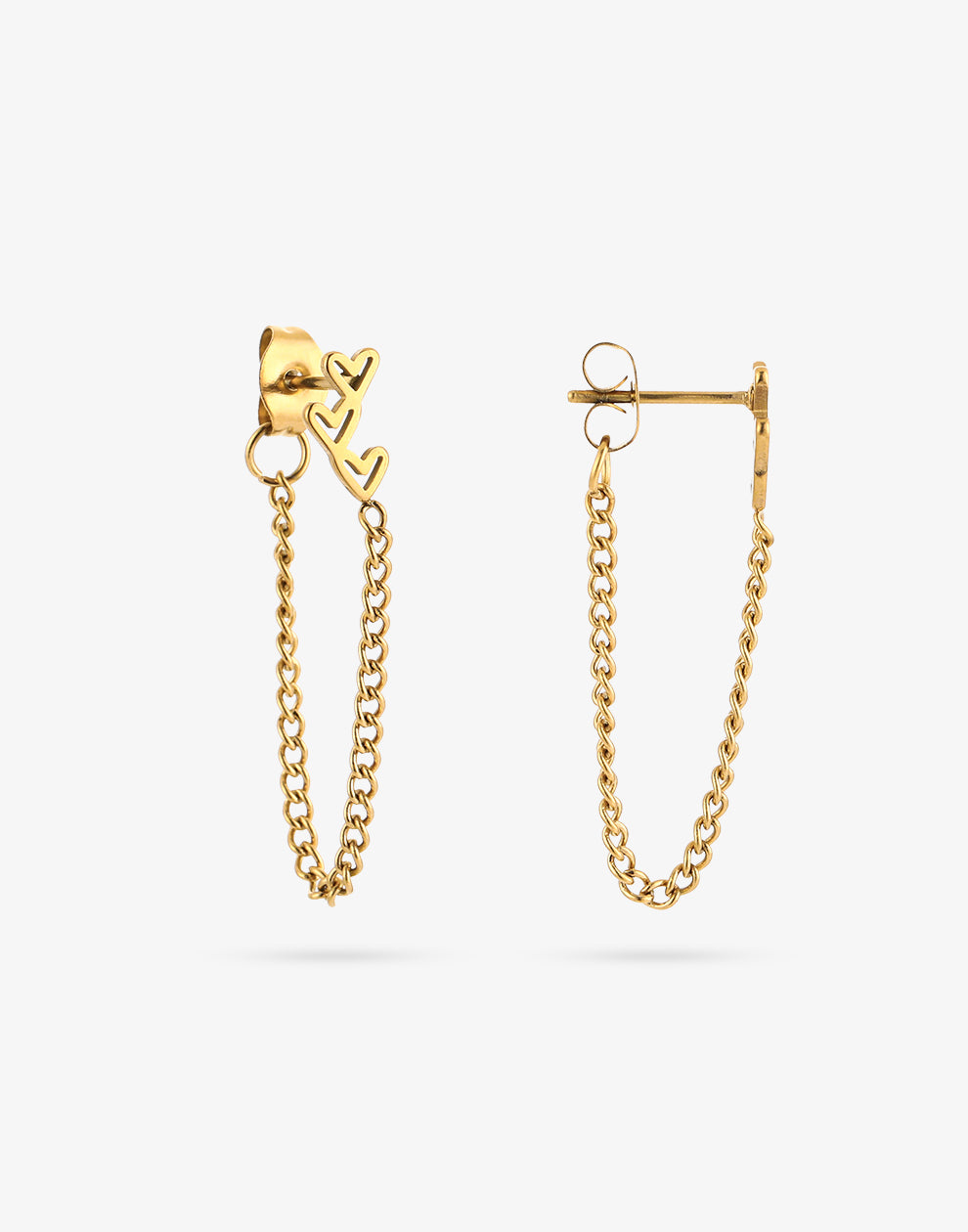 Oorsteker triple heart chain goudkleurig