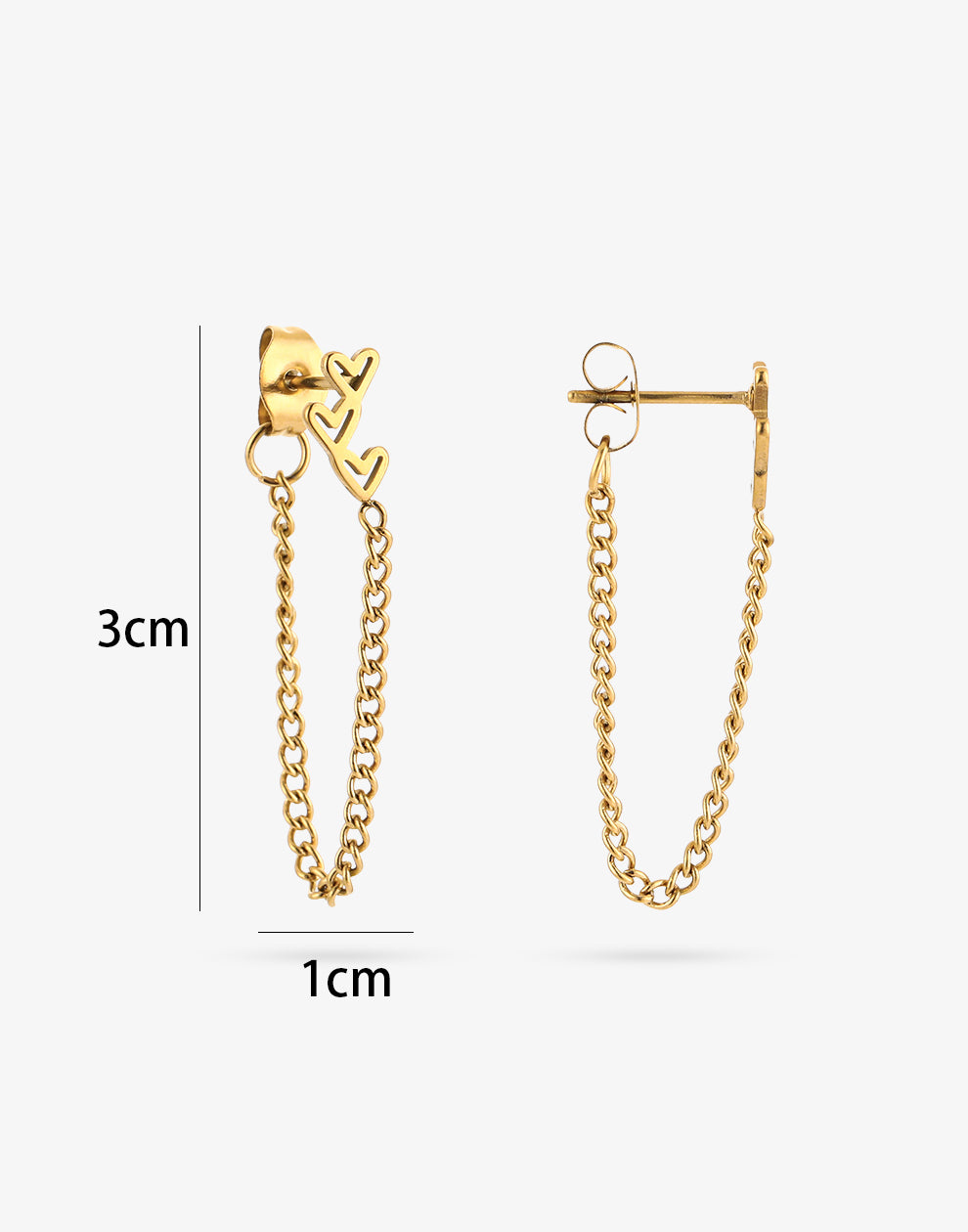 Oorsteker triple heart chain goudkleurig