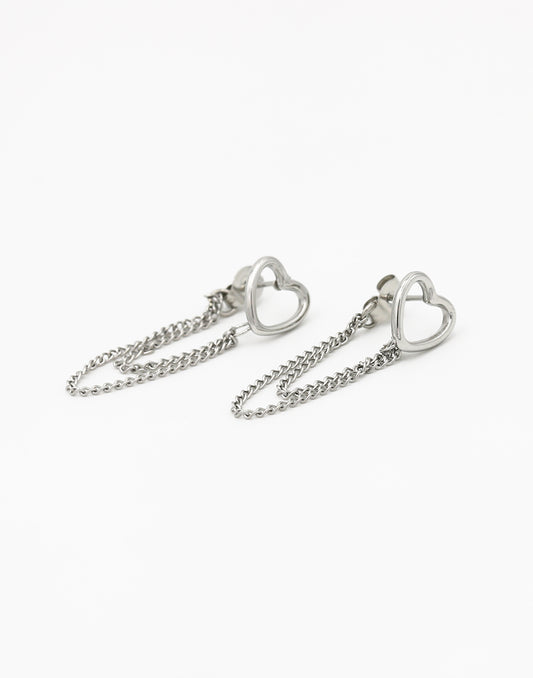 Oorsteker open hart met chains zilverkleurig