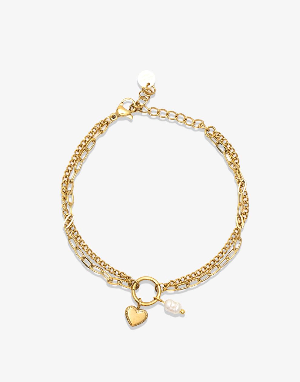 Armband dubbel hartje en parel goudkleurig