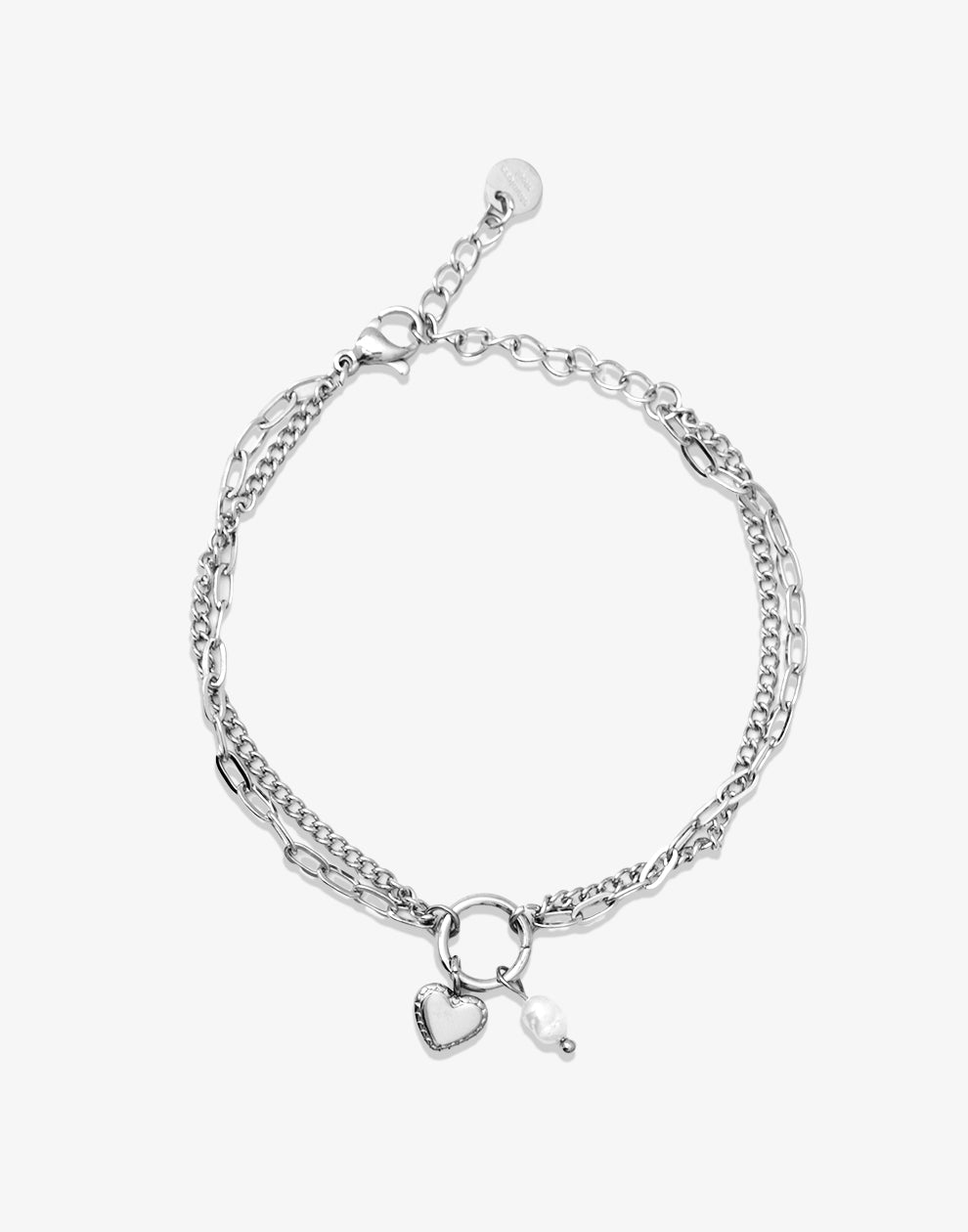 Armband dubbel hartje en parel zilverkleurig
